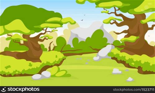 Trail blazing vector illustration. Road in fantasy forest. Way through mystical jungle. Panoramic landscape with path through woods. Route to explore exotic wild land. Rainforest cartoon background