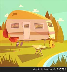 Trailer And Camping Illustration . Trailer and camping cartoon background with barbecue table and guitar vector illustration