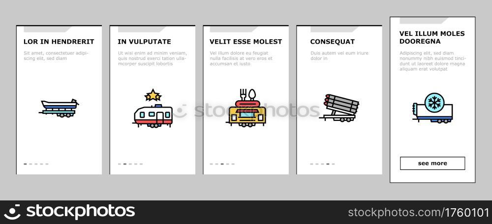 Trailer Transport Onboarding Mobile App Page Screen Vector. Trailer For Transportation Animal And Passenger, Car And Boat, Rocket And Petrol Illustrations. Trailer Transport Onboarding Icons Set Vector