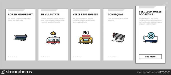 Trailer Transport Onboarding Mobile App Page Screen Vector. Trailer For Transportation Animal And Passenger, Car And Boat, Rocket And Petrol Illustrations. Trailer Transport Onboarding Icons Set Vector