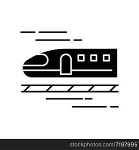 Train black glyph icon. High speed shinkansen. Japanese bullet train. Rapid transit. Railway for traveling. Tourism transportation. Silhouette symbol on white space. Vector isolated illustration