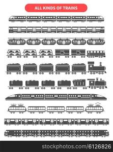 Train black set. Subway and railroad train black decorative icons set isolated vector illustration