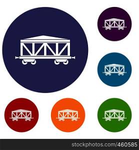 Train cargo wagon icons set in flat circle reb, blue and green color for web. Train cargo wagon icons set