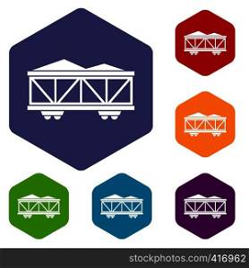 Train cargo wagon icons set rhombus in different colors isolated on white background. Train cargo wagon icons set