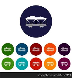 Train cargo wagon set icons in different colors isolated on white background. Train cargo wagon set icons