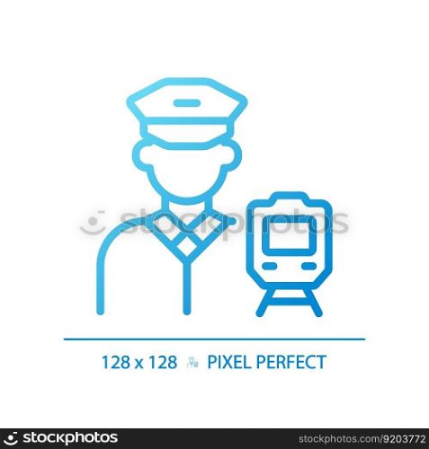 Train driver pixel perfect gradient linear vector icon. Railroad occupation. Rail crew. Locomotive operator. Thin line color symbol. Modern style pictogram. Vector isolated outline drawing. Train driver pixel perfect gradient linear vector icon