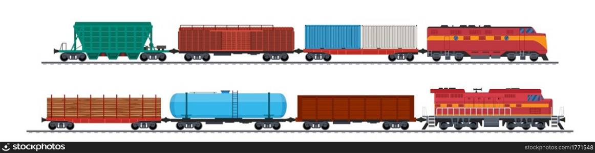Train freight wagons, rail cargo and railroad containers. Freight train with wagons, tanks, freight, cisterns. industrial carriages, side view. Vector illustration in flat style. Train freight wagons,