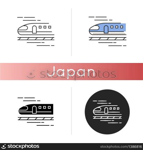 Train icon. High speed shinkansen. Japanese bullet train. Rapid transit. Railway for traveling. Tourism transportation. Linear black and RGB color styles. Isolated vector illustrations. Train icon. High speed shinkansen