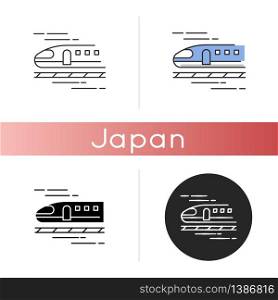 Train icon. High speed shinkansen. Japanese bullet train. Rapid transit. Railway for traveling. Tourism transportation. Linear black and RGB color styles. Isolated vector illustrations. Train icon. High speed shinkansen
