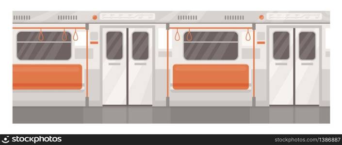 Train interior semi flat vector illustration. Subway seats row with handrails. Public transport with nobody inside. Empty underground transport. Metro tram 2D cartoon background for commercial use. Train interior semi flat vector illustration