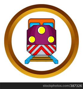 Train locomotive transportation railway vector icon in golden circle, cartoon style isolated on white background. Train locomotive vector icon