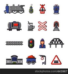 Train railroad icons set. Cartoon illustration of 16 train railroad vector icons for web. Train railroad icons set, cartoon style