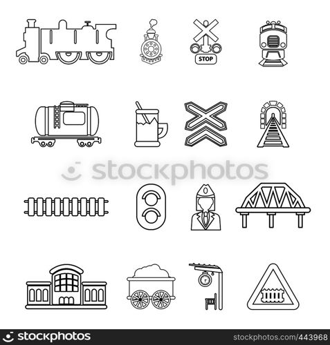 Train railroad icons set. Outline illustration of 16 train railroad vector icons for web. Train railroad icons set, outline style