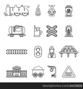 Train railroad icons set. Outline illustration of 16 train railroad vector icons for web. Train railroad icons set, outline style