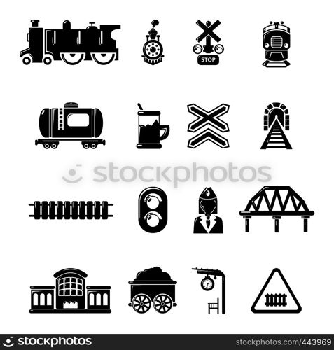 Train railroad icons set. Simple illustration of 16 train railroad vector icons for web. Train railroad icons set, simple style