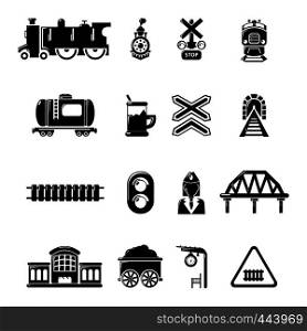 Train railroad icons set. Simple illustration of 16 train railroad vector icons for web. Train railroad icons set, simple style