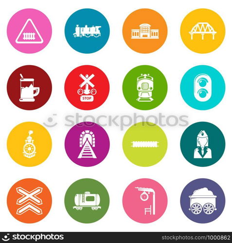 Train railroad icons set vector colorful circles isolated on white background . Train railroad icons set colorful circles vector