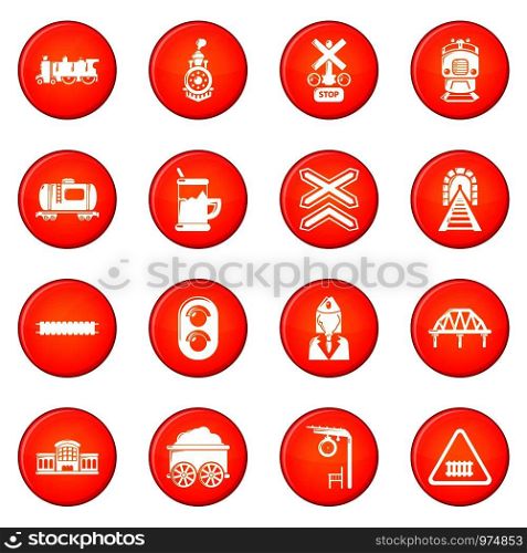 Train railroad icons set vector red circle isolated on white background . Train railroad icons set red vector