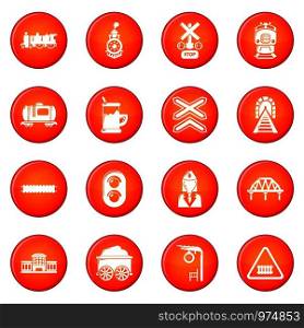 Train railroad icons set vector red circle isolated on white background . Train railroad icons set red vector