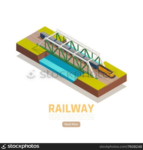 Train railway station isometric background with editable text read more button and train passing river bridge vector illustration