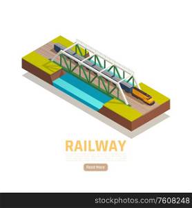 Train railway station isometric background with editable text read more button and train passing river bridge vector illustration
