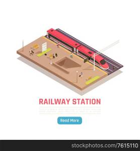 Train railway station isometric background with high speed train platform with text and read more button vector illustration