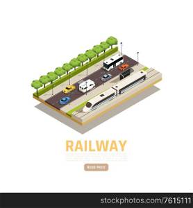 Train railway station isometric background with urban scenery cars on motorway with railway and city train vector illustration