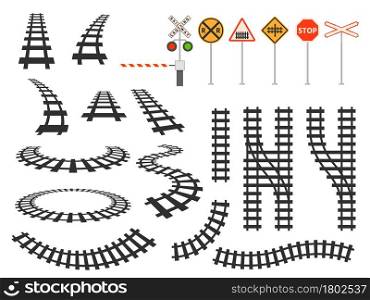Train railway tracks curved silhouette, barrier and road signs. Railroad perspective and top map view. Tram winding roads element vector set. Illustration of rail curve track, railroad line. Train railway tracks curved silhouette, barrier and road signs. Railroad perspective and top map view. Tram winding roads element vector set