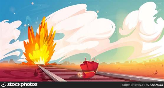 Train sabotage western scene, tnt dynamite with burning fuse lying on railroad sleepers and bomb explosion at wild west nature landscape with desert under cloudy sky, Cartoon vector illustration. Bomb explosion at wild west nature landscape scene
