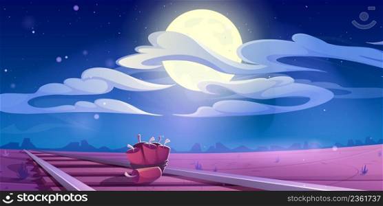 Train sabotage western scene with tnt dynamite lying on railroad at wild west nature landscape with desert under night sky with full moon and clouds. Bandits bomb adversity Cartoon vector illustration. Train sabotage scene with dynamite on railroad