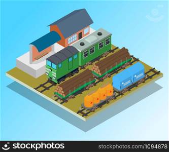 Train station concept banner. Isometric banner of train station vector concept for web, giftcard and postcard. Train station concept banner, isometric style