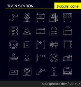 Train Station Hand Drawn Icons Set For Infographics, Mobile UX/UI Kit And Print Design. Include: Entrance, Railway, Station, Subway, Train, Railroad, Railway, Sign, Icon Set - Vector