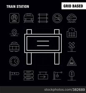 Train Station Line Icons Set For Infographics, Mobile UX/UI Kit And Print Design. Include: Entrance, Railway, Station, Subway, Train, Railroad, Railway, Sign, Icon Set - Vector