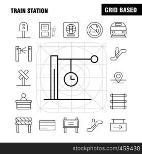 Train Station Line Icons Set For Infographics, Mobile UX/UI Kit And Print Design. Include: Entrance, Railway, Station, Subway, Train, Railroad, Railway, Sign, Icon Set - Vector
