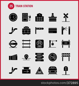 Train Station Solid Glyph Icons Set For Infographics, Mobile UX/UI Kit And Print Design. Include: Entrance, Railway, Station, Subway, Train, Railroad, Railway, Sign, Icon Set - Vector