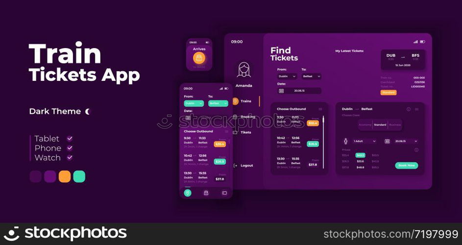 Train tickets app screen vector adaptive design template. Trip reservation application night mode interface with flat character. Journey info and prices smartphone, tablet, smart watch cartoon UI