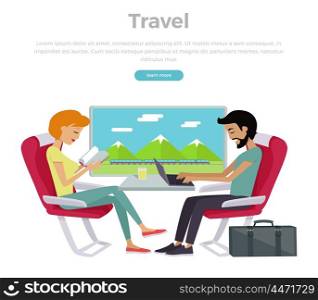 Train Travel Concept Web Banner. Train travel concept web banner. Railway comfort family journey vector illustration in flat style design. Young couple relaxing sitting in comfortable armchairs in express.