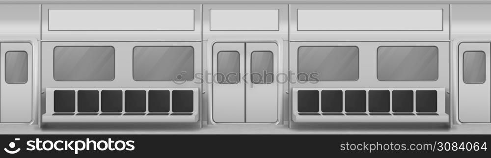 Train wagon interior with seats, windows and closed doors. Vector realistic background with glass windows, sliding doors, handrails and chairs in metro carriage. Empty subway wagon inside. Empty train wagon interior with seats