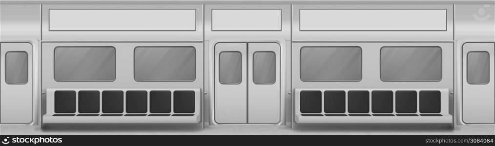 Train wagon interior with seats, windows and closed doors. Vector realistic background with glass windows, sliding doors, handrails and chairs in metro carriage. Empty subway wagon inside. Empty train wagon interior with seats