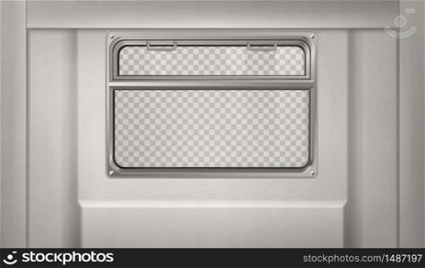 Train wagon interior with window and gray wall. Vector realistic clear glass window with metal frame and handles in metro, passenger compartment in railway transport with transparent background. Realistic train or metro wagon with window