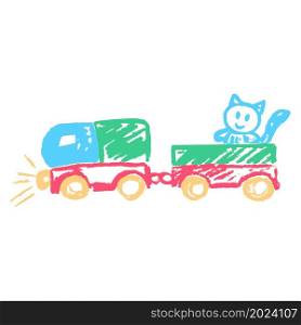 Train with a cat. Icon in hand draw style. Drawing with wax crayons, colored chalk, children&rsquo;s creativity. Vector illustration. Sign, symbol, pin, sticker. Icon in hand draw style. Drawing with wax crayons, children&rsquo;s creativity