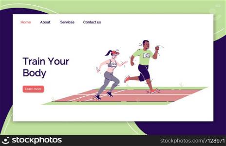 Train your body landing page vector template. Running competitions website interface idea with flat illustrations. Sport activity homepage layout. Endurance race web banner, webpage cartoon concept