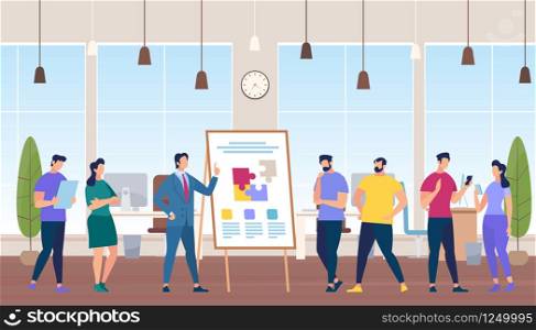 Trainer at Flip Board Teach Team Work in Office. Creative Team Idea Discussion People. Business Men and Women Characters in Working Environment. Education with Coach. Cartoon Flat Vector Illustration. Trainer at Flip Board Teach Team Work in Office.