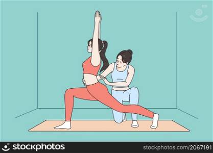 Trainer help female client with yoga pose exercise together in gym or studio. Coach assist woman practice stretching or meditate at class. Healthy lifestyle, sport concept. Vector illustration. . Coach help woman client at yoga class
