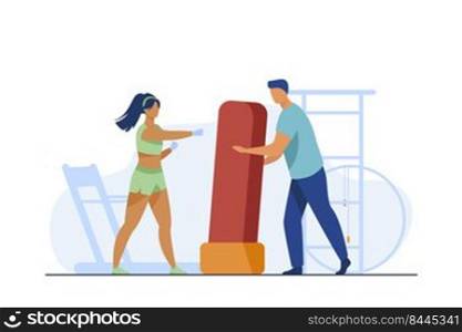 Trainer holding boxing bag for woman. Kickboxing, gym, athlete flat vector illustration. Sport and training concept for banner, website design or landing web page