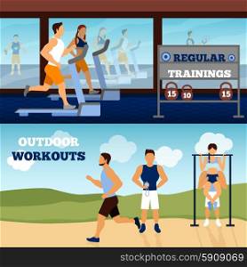 Trainer horizontal banner set with gym and outdoor workout isolated vector illustration. Trainer Banner Set