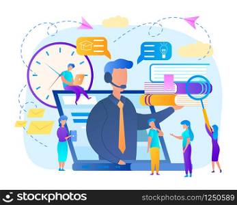 Trainer with Headset Speaking from Laptop Screen with Heap of Books on Palm. Group of Students Watching Online Courses. Teaching, Gaining of Knowledge, Colorful Background. Flat Vector Illustration. Trainer with Headset Speaking from Laptop Screen