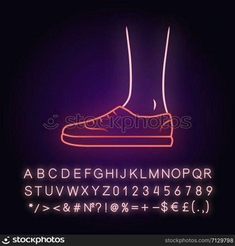 Trainers neon light icon. Women and men stylish footwear design. Unisex casual sneakers, modern comfortable tennis shoes. Glowing sign with alphabet, numbers and symbols. Vector isolated illustration