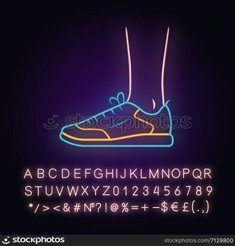 Trainers neon light icon. Women and men stylish footwear design for sports workout. Unisex casual sneakers. Glowing sign with alphabet, numbers and symbols. Vector isolated illustration
