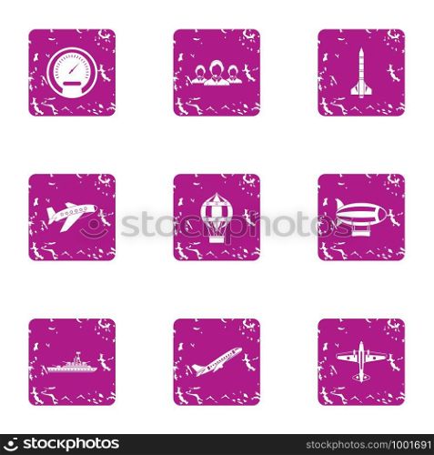 Training aircraft icons set. Grunge set of 9 training aircraft vector icons for web isolated on white background. Training aircraft icons set, grunge style